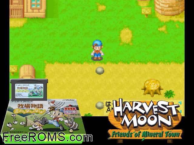 Bokujou Monogatari - Mineral Town No Nakamatachi (Japan) Gameboy Advance game showing 3D box cover and gameplay screenshot