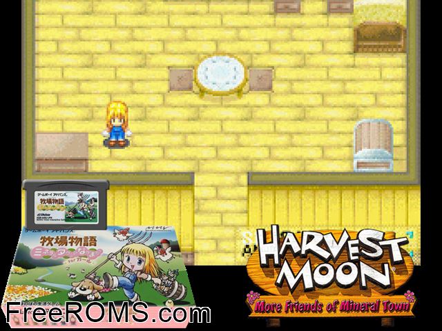 Bokujou Monogatari - Mineral Town No Nakamatachi For Girl (Japan) Gameboy Advance game showing 3D box cover and gameplay screenshot