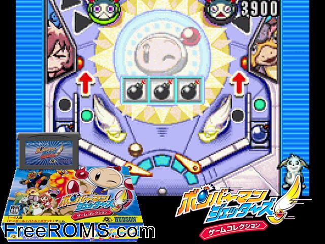 Bomberman Jetters - Game Collection (Japan) Gameboy Advance game showing 3D box cover and gameplay screenshot