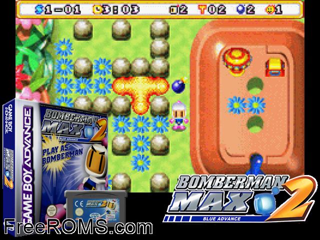 Bomberman Max 2 - Blue Advance Gameboy Advance game showing 3D box cover and gameplay screenshot