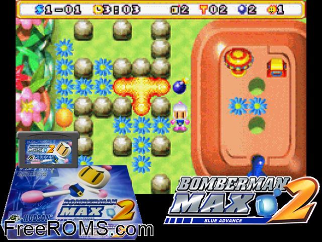 Bomberman Max 2 - Bomberman Version (Japan) Gameboy Advance game showing 3D box cover and gameplay screenshot