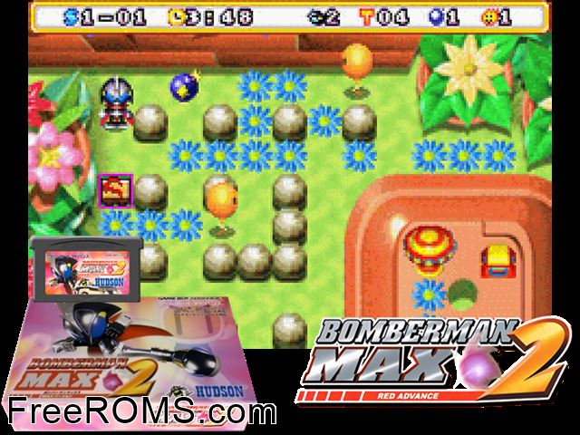 Bomberman Max 2 - Max Version (Japan) Gameboy Advance game showing 3D box cover and gameplay screenshot