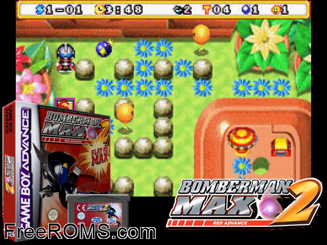 Bomberman Max 2 - Red Advance Gameboy Advance game showing 3D box cover and gameplay screenshot