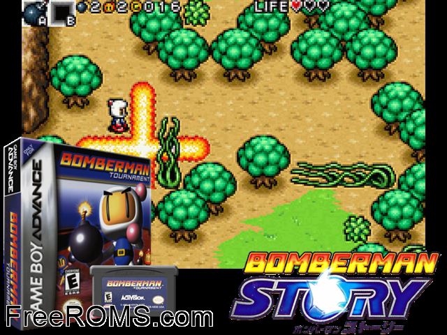 Bomberman Tournament Gameboy Advance game showing 3D box cover and gameplay screenshot
