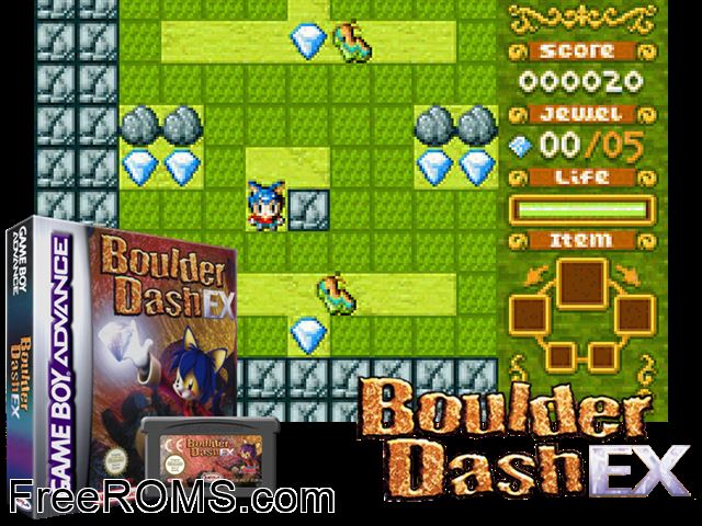Boulder Dash Ex Gameboy Advance game showing 3D box cover and gameplay screenshot