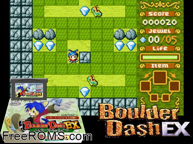 Boulder Dash Ex (Japan) Gameboy Advance game showing 3D box cover and gameplay screenshot