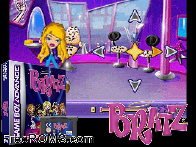 Bratz Gameboy Advance game showing 3D box cover and gameplay screenshot