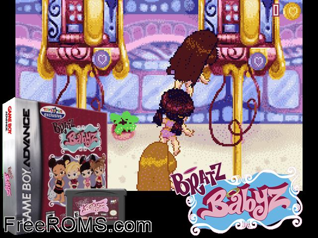 Bratz - Babyz Gameboy Advance game showing 3D box cover and gameplay screenshot