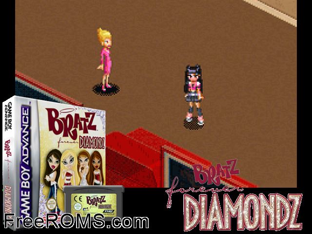 Bratz - Forever Diamondz Gameboy Advance game showing 3D box cover and gameplay screenshot