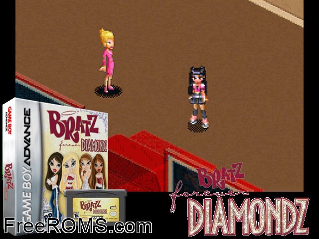 Bratz - Forever Diamondz (Germany) Gameboy Advance game showing 3D box cover and gameplay screenshot