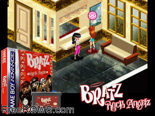 Bratz - Rock Angelz (France) Gameboy Advance game showing 3D box cover and gameplay screenshot