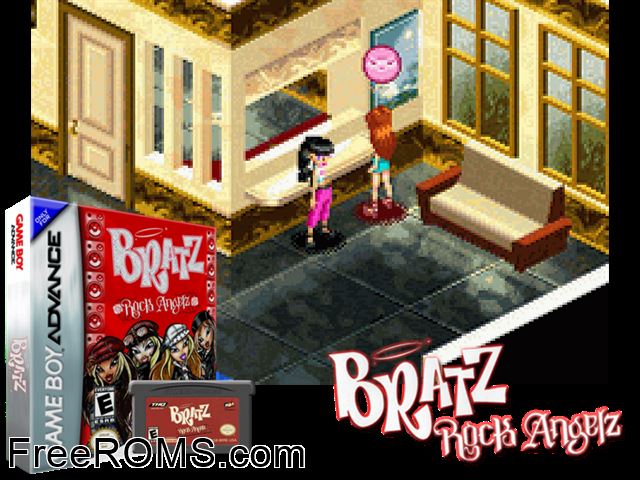 Bratz - Rock Angelz (Germany) Gameboy Advance game showing 3D box cover and gameplay screenshot