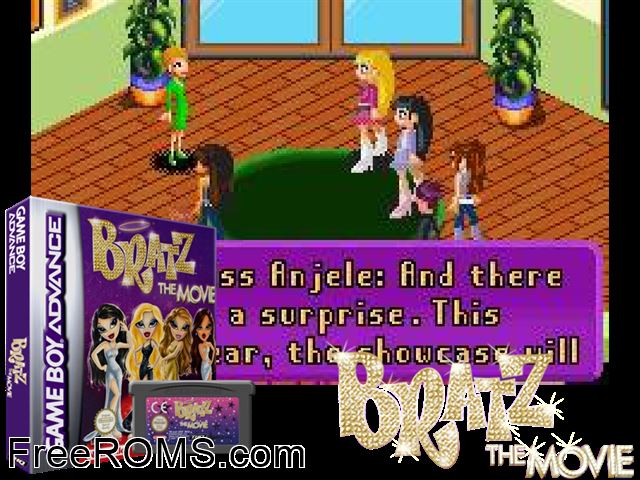 Bratz - The Movie Gameboy Advance game showing 3D box cover and gameplay screenshot