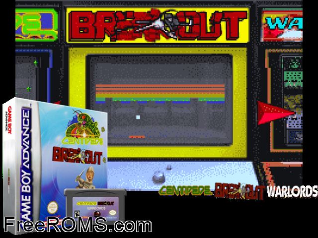 Breakout, Centipede, Warlords Gameboy Advance game showing 3D box cover and gameplay screenshot