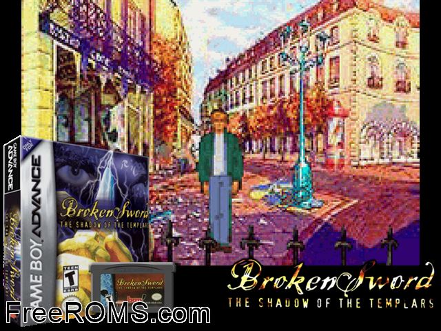 Broken Sword - The Shadow Of The Templars Gameboy Advance game showing 3D box cover and gameplay screenshot