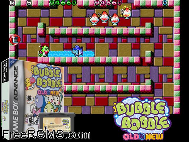 Bubble Bobble - Old And New Gameboy Advance game showing 3D box cover and gameplay screenshot