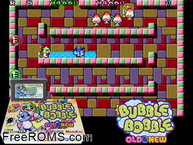 Bubble Bobble - Old And New (Japan) Gameboy Advance game showing 3D box cover and gameplay screenshot