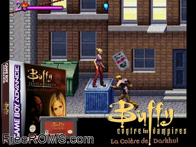 Buffy Contre Les Vampires - La Colere De Darkhul (France) Gameboy Advance game showing 3D box cover and gameplay screenshot