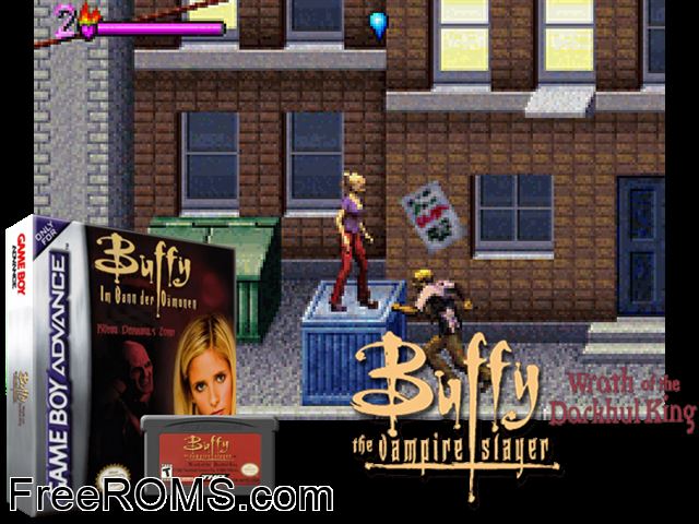 Buffy - Im Bann Der Daemonen - Koenig Darkhuls Zorn (Germany) Gameboy Advance game showing 3D box cover and gameplay screenshot