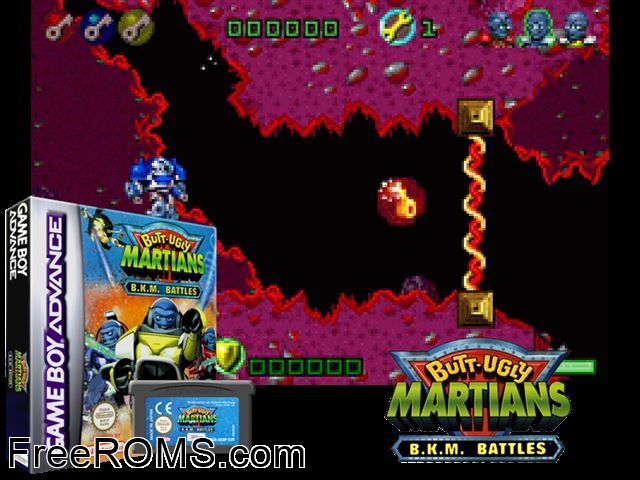 Butt-Ugly Martians - B.K.M. Battles Gameboy Advance game showing 3D box cover and gameplay screenshot