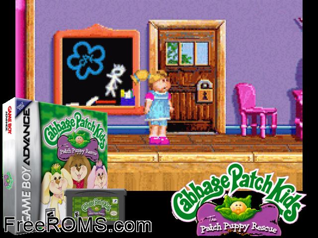 Cabbage Patch Kids - The Patch Puppy Rescue Gameboy Advance game showing 3D box cover and gameplay screenshot