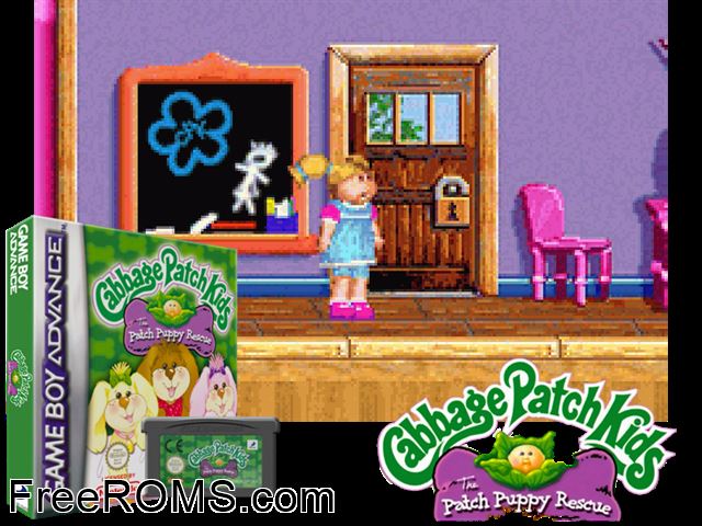 Cabbage Patch Kids - The Puppy Patch Rescue Gameboy Advance game showing 3D box cover and gameplay screenshot