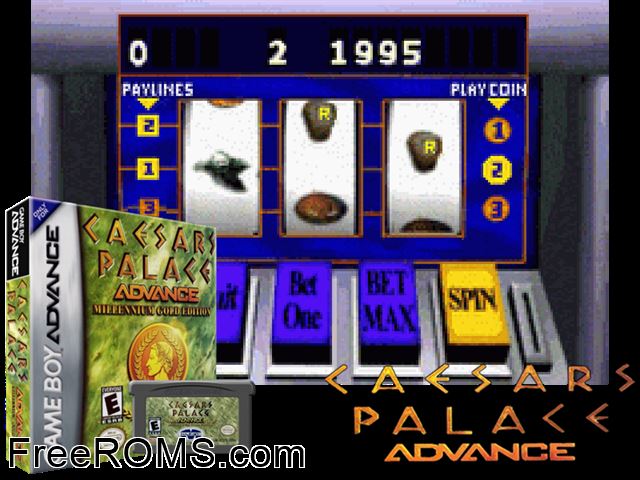 Caesars Palace Advance - Millennium Gold Edition Gameboy Advance game showing 3D box cover and gameplay screenshot