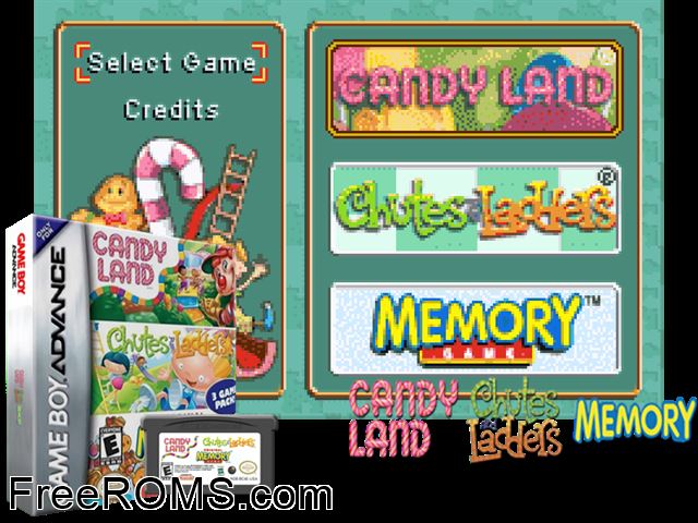 Candy Land, Chutes And Ladders, Memory Game Gameboy Advance game showing 3D box cover and gameplay screenshot