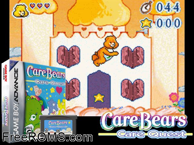 Care Bears - The Care Quests Gameboy Advance game showing 3D box cover and gameplay screenshot