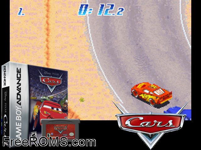 Cars (Italy) Gameboy Advance game showing 3D box cover and gameplay screenshot
