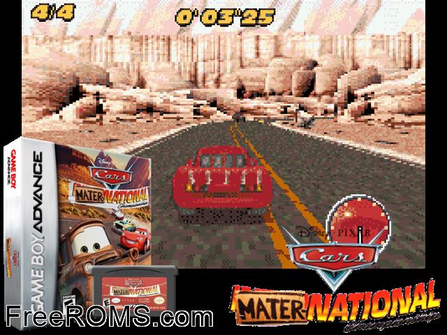 Cars Mater-National Championship Gameboy Advance game showing 3D box cover and gameplay screenshot