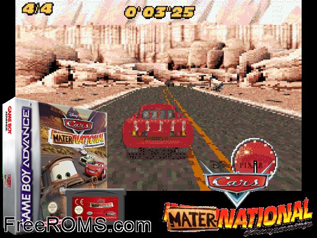 Cars Mater-National Championship (Sp) Gameboy Advance game showing 3D box cover and gameplay screenshot