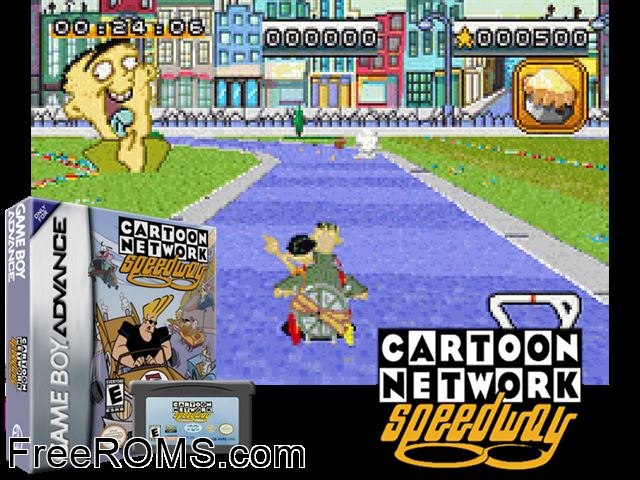 Cartoon Network Speedway Gameboy Advance game showing 3D box cover and gameplay screenshot