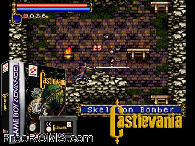 Castlevania Gameboy Advance game showing 3D box cover and gameplay screenshot