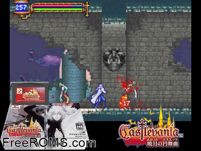Castlevania - Akatsuki No Minuet (Japan) Gameboy Advance game showing 3D box cover and gameplay screenshot