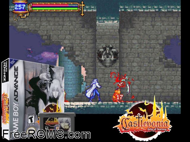 Castlevania - Aria Of Sorrow Gameboy Advance game showing 3D box cover and gameplay screenshot