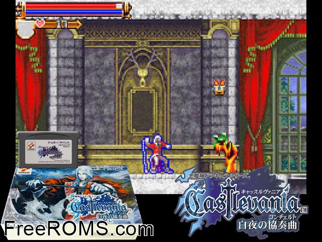 Castlevania - Byakuya No Concerto (Japan) Gameboy Advance game showing 3D box cover and gameplay screenshot