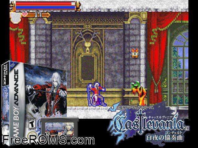 Castlevania - Harmony Of Dissonance Gameboy Advance game showing 3D box cover and gameplay screenshot