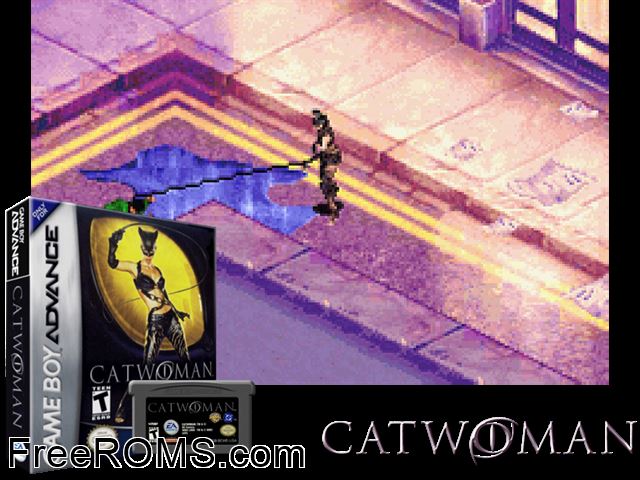 Catwoman Gameboy Advance game showing 3D box cover and gameplay screenshot