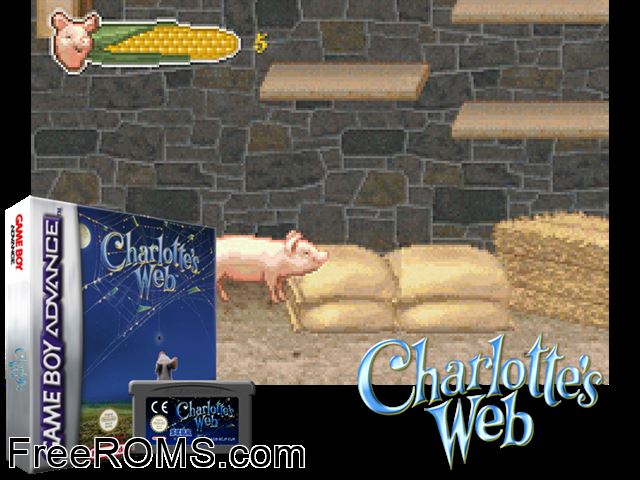 Charlotte's Web Gameboy Advance game showing 3D box cover and gameplay screenshot