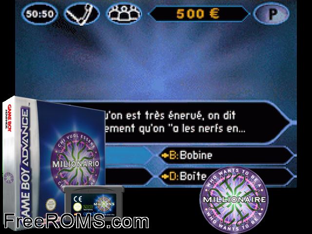 Chi Vuol Essere Milionario (Italy) Gameboy Advance game showing 3D box cover and gameplay screenshot