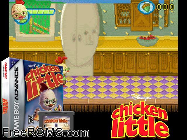 Chicken Little Gameboy Advance game showing 3D box cover and gameplay screenshot
