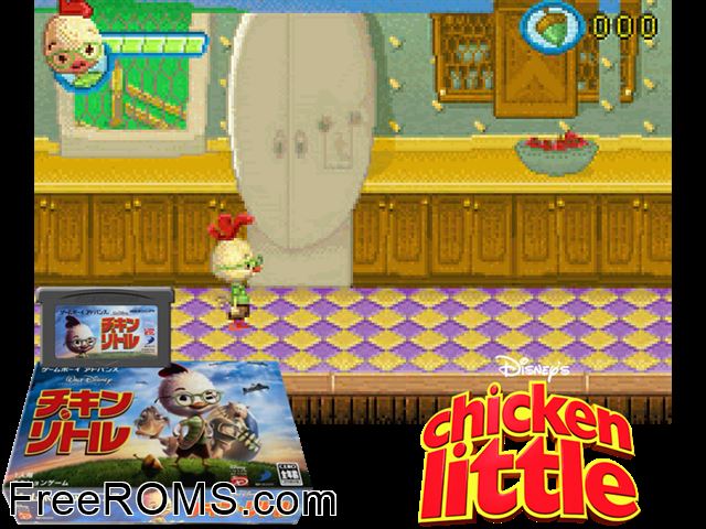 Chicken Little (Japan) Gameboy Advance game showing 3D box cover and gameplay screenshot