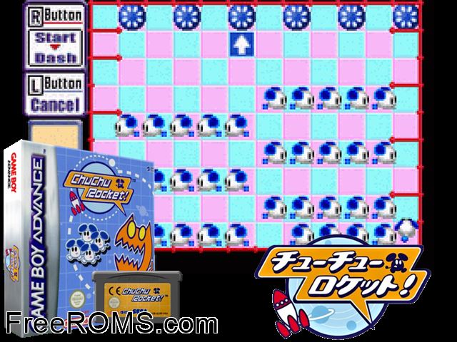 Chu Chu Rocket! Gameboy Advance game showing 3D box cover and gameplay screenshot
