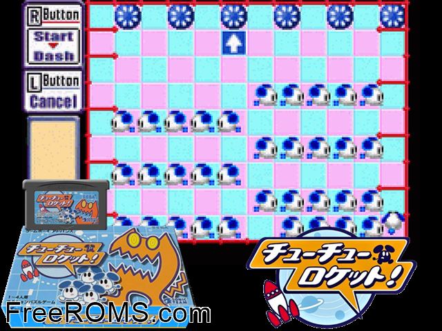Chu Chu Rocket! (Japan) Gameboy Advance game showing 3D box cover and gameplay screenshot