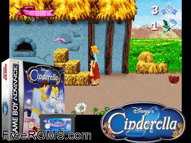 Cinderella - Magical Dreams Gameboy Advance game showing 3D box cover and gameplay screenshot