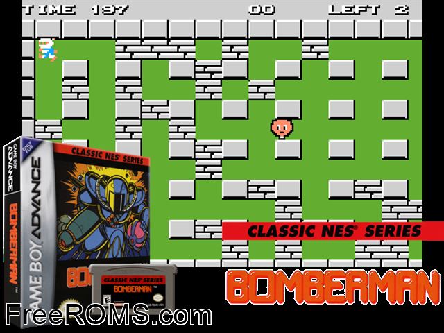 Classic Nes Series - Bomberman Gameboy Advance game showing 3D box cover and gameplay screenshot