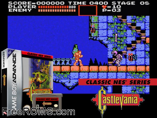 Classic NES Series - Castlevania Gameboy Advance game showing 3D box cover and gameplay screenshot