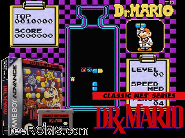 Classic NES Series Dr. Mario Gameboy Advance game showing 3D box cover and gameplay screenshot