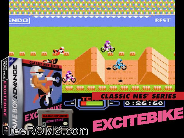 Classic Nes Series Excitebike Gameboy Advance game showing 3D box cover and gameplay screenshot